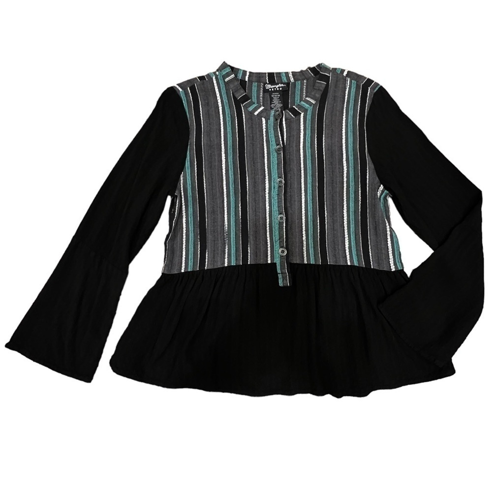WRANGLER Retro Women’s Black & Aqua Long Sleeve Blouse, Size M